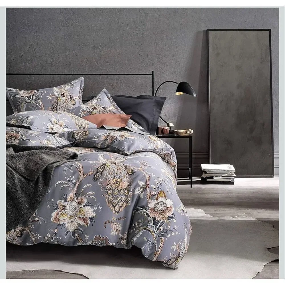 Tahari Home Luxury King 3 Piece Duvet Cover Set Peacock Jacobean Birds King Size